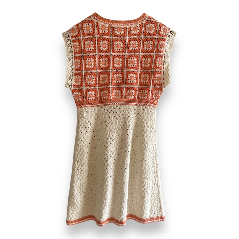Maje Roby Two-Colour Crochet Mini Dress Orange Cream Pointelle Size Small FR38 - Picture 4 of 5